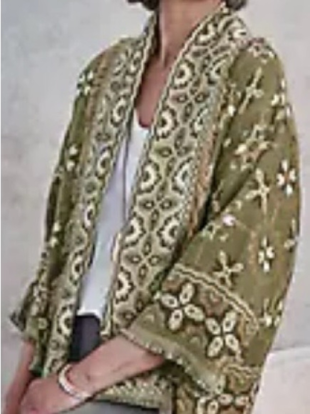 J. Jill Olive Embroidered Open-Front Kimono Jacket